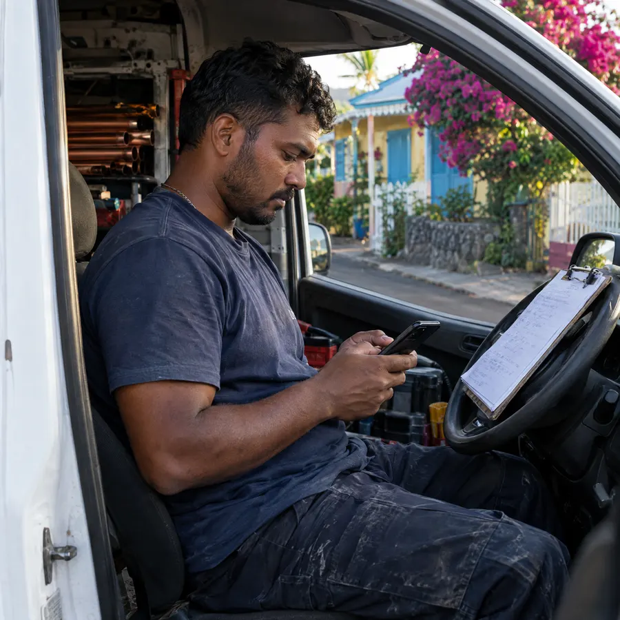 Artisan assis dans sa camionnette qui consulte son téléphone, un devis papier posé sur le volant