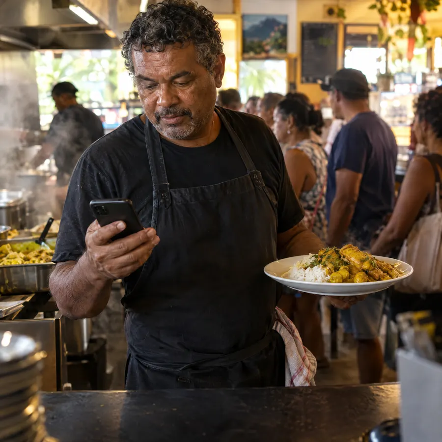 Restaurateur qui regarde son téléphone en plein service, une assiette de cari à la main