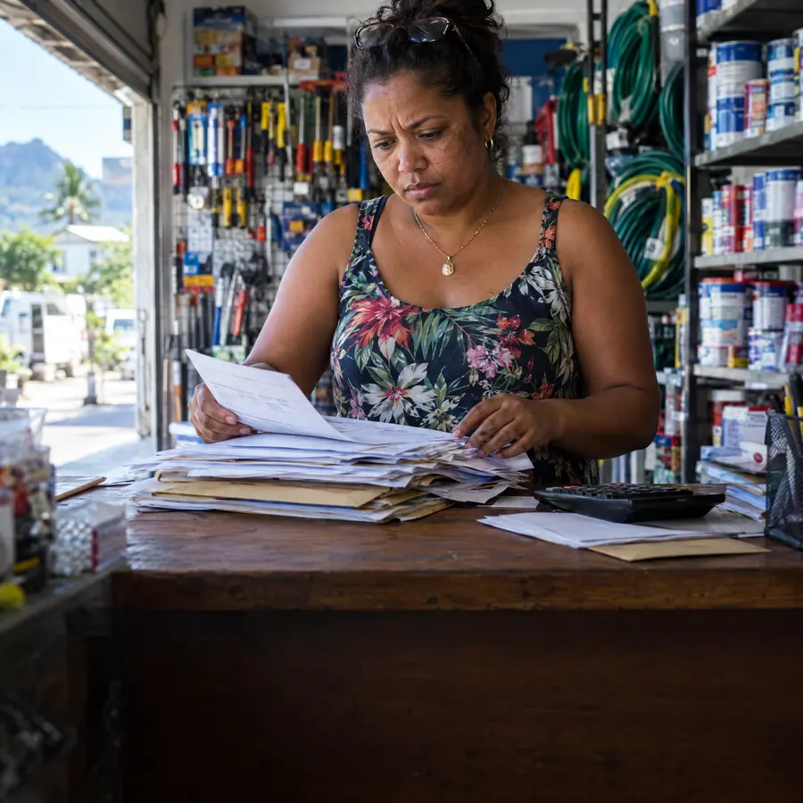 Gérante de quincaillerie qui trie une pile de factures au comptoir