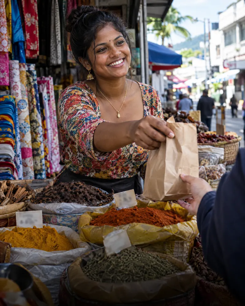 Commerçante souriante qui tend un sachet à une cliente devant son étal d'épices