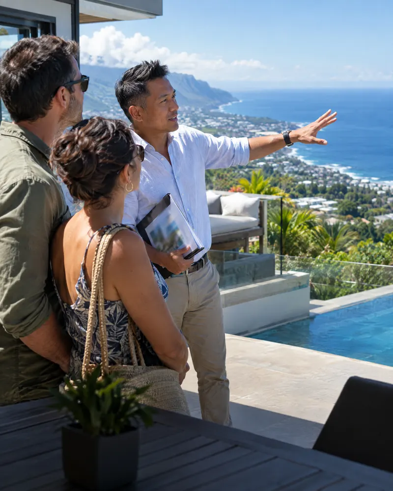 Agent immobilier qui fait visiter une villa avec piscine et vue sur l'océan à un couple